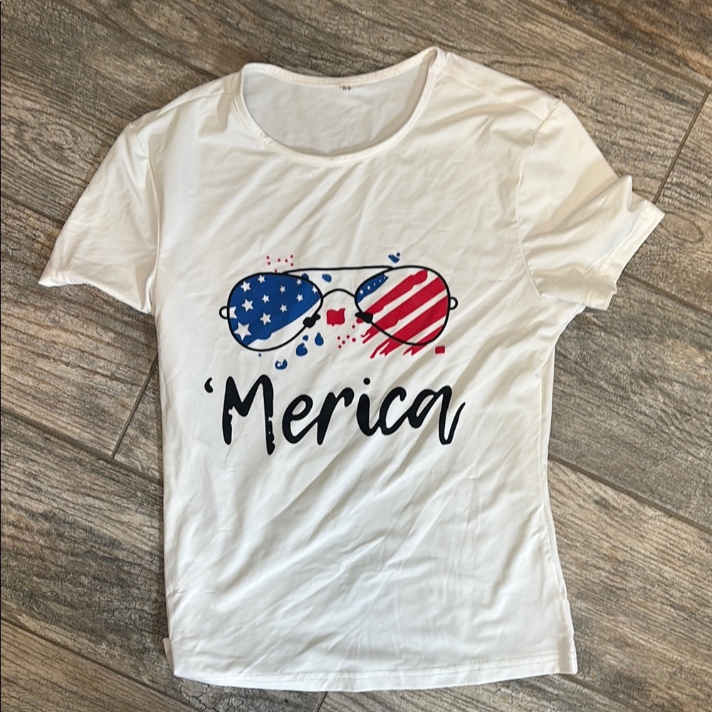 White Graphic Tee with Patriotic Sunglasses Design
